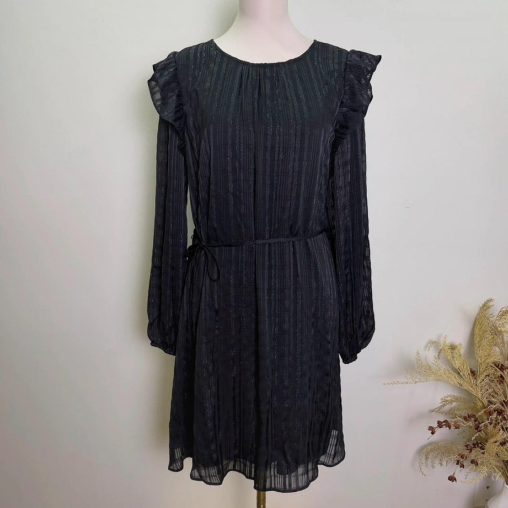 Nine West Black Metallic Shimmer Lurex Long Sleeve Mini Dress Size Large
